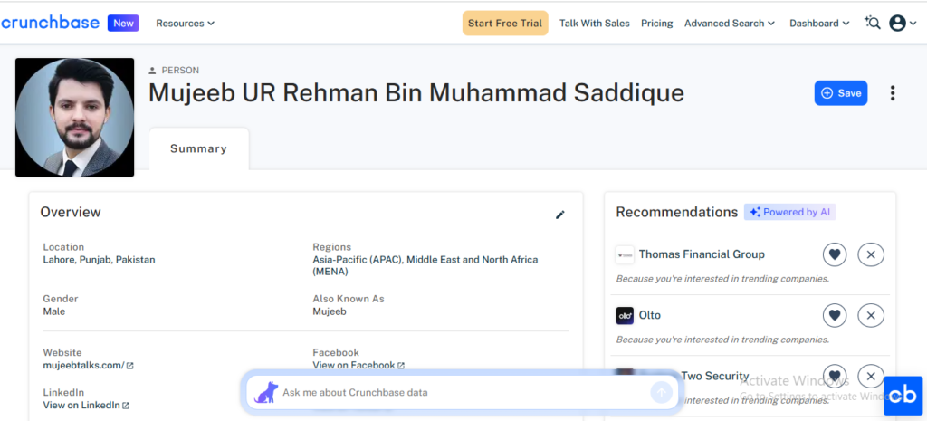Mujeeb UR Rehman- Featured on Crunchbase – A Major Milestone for Pakistan